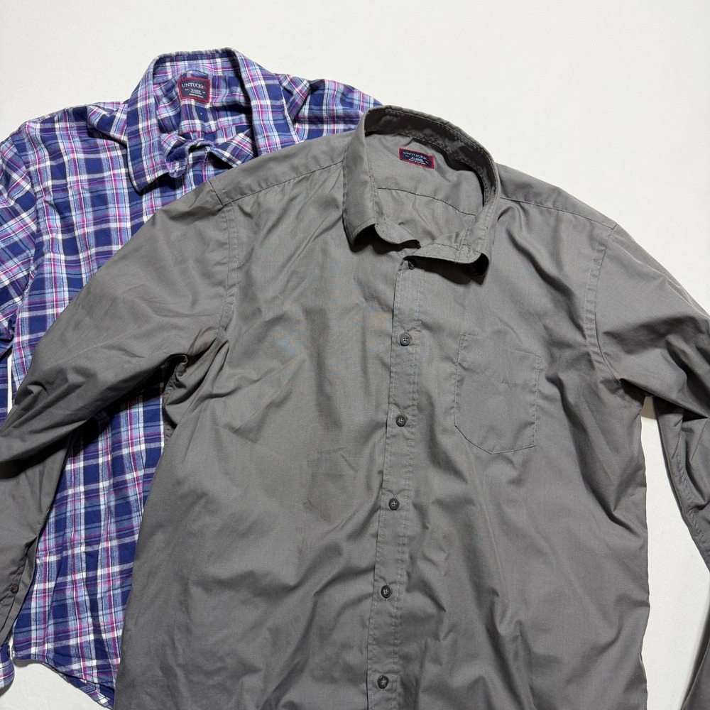 UNTUCKit Mens XL Shirt Lot of 2 Gray Solid Blue Plaid Flannel Cotton Button Down